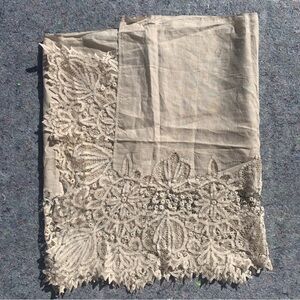 Antique vintage beige tan ramie linen & lace sideboard table accent  decor